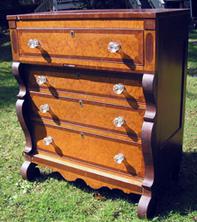 Empire period Tall Chest with Bird’s Eye and Curly Maple, Crotch Mahogany, and original Sandwich Glass Knobs